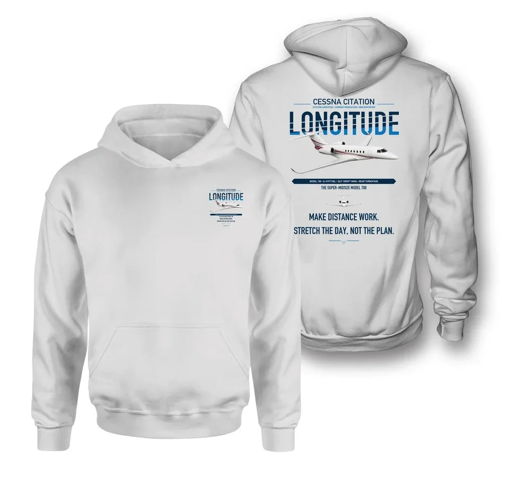 Cessna Citation Longitude design on white double-side hoodie, double-side print