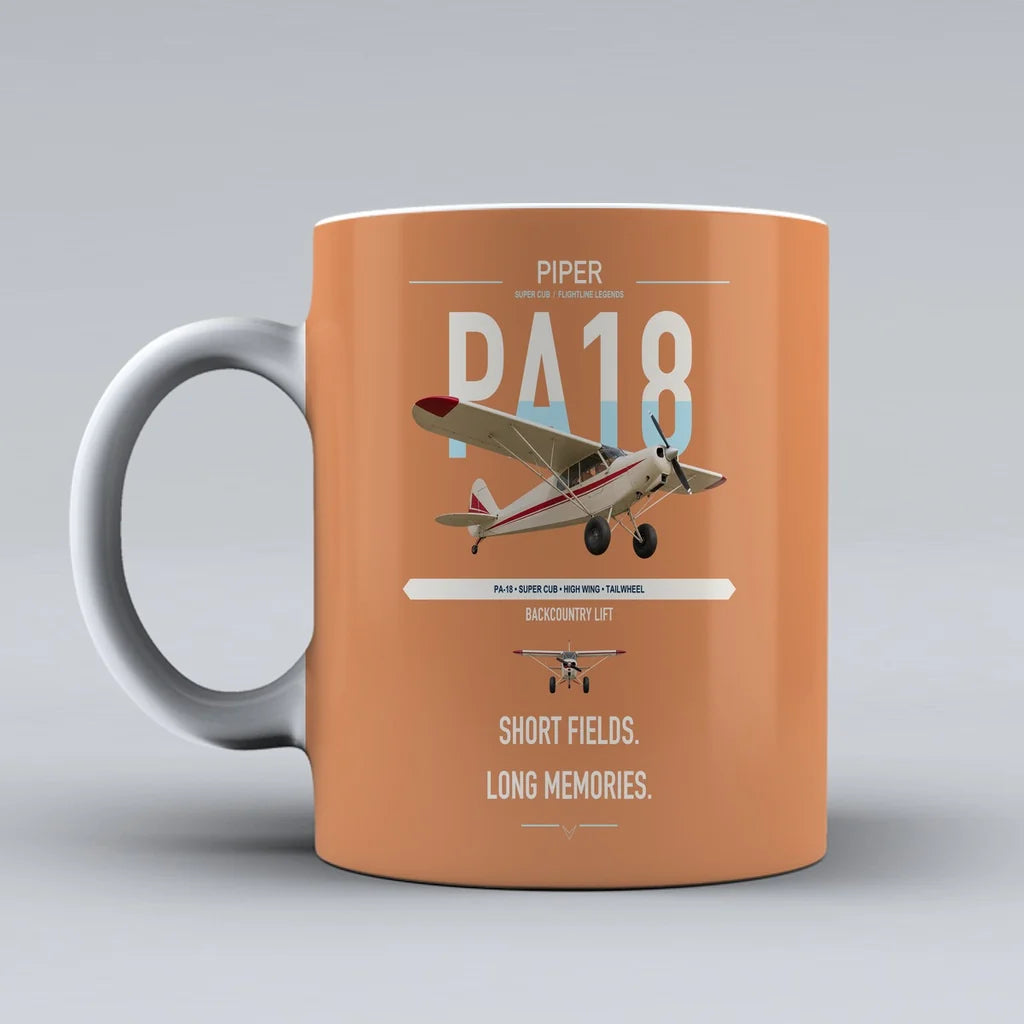 Piper PA-18 Super Cub design on orange ceramic mug, double-side print