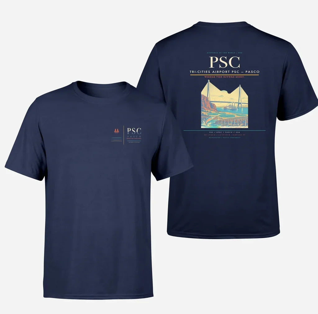 Tri-Cities Airport (PSC) design printed on navy blue double-side t-shirt