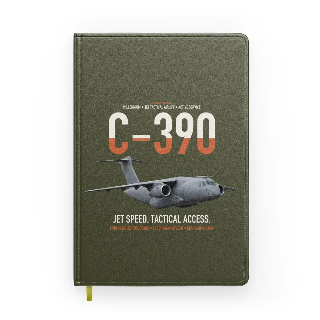 C-390 Millennium design on green army notebook