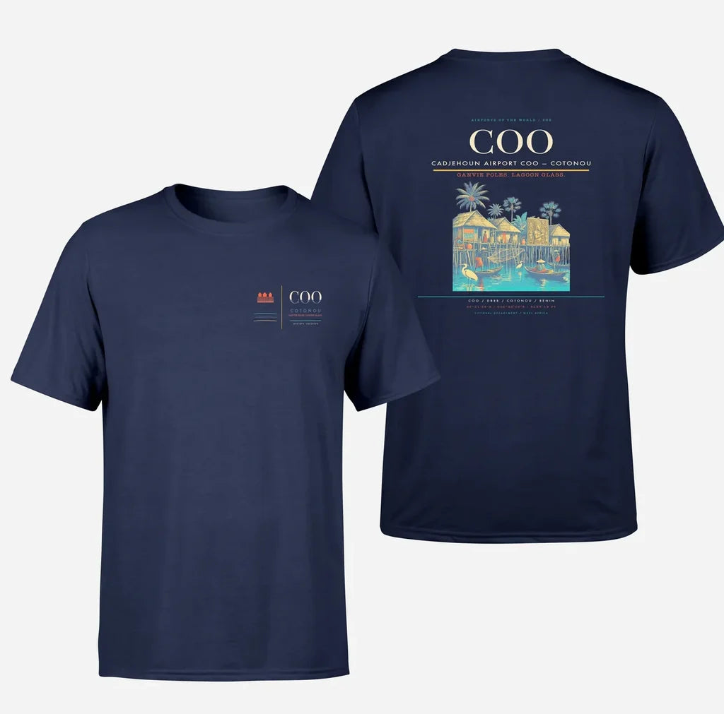 Cadjehoun Airport (COO) design printed on navy blue double-side t-shirt