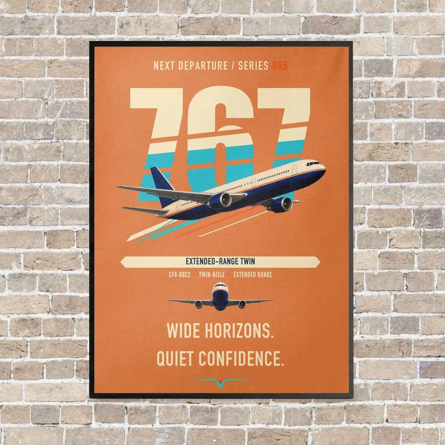 Boeing 767-300ER vertical canvas print - framed - orange background