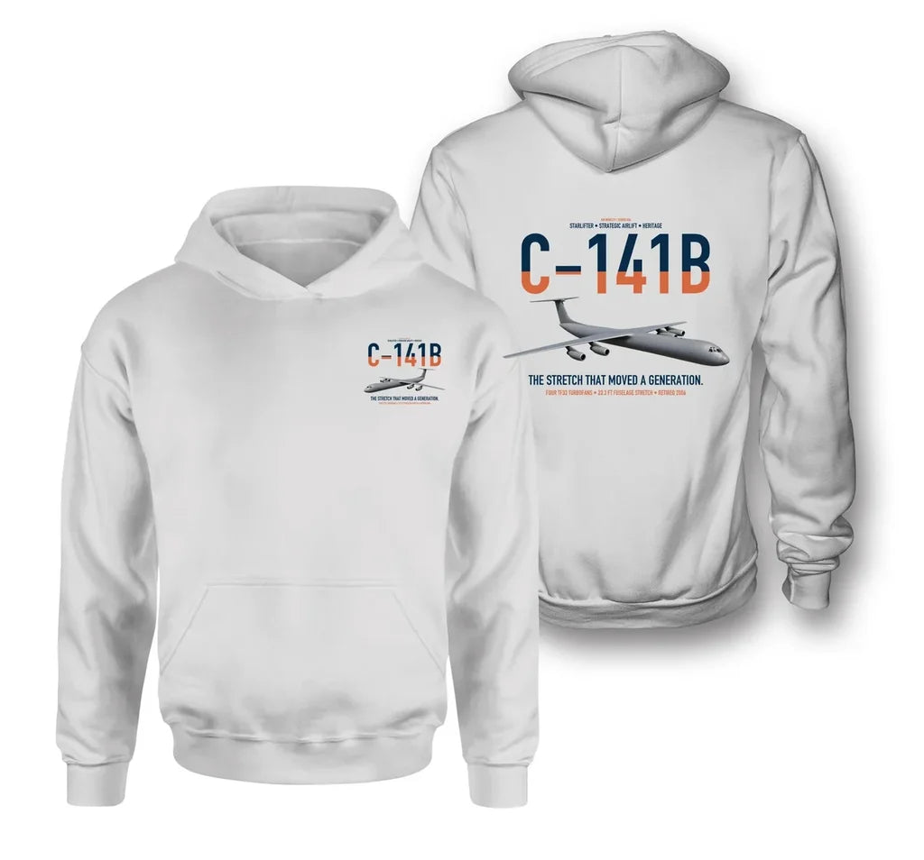 C-141B Starlifter design on white double-side hoodie, double-side print