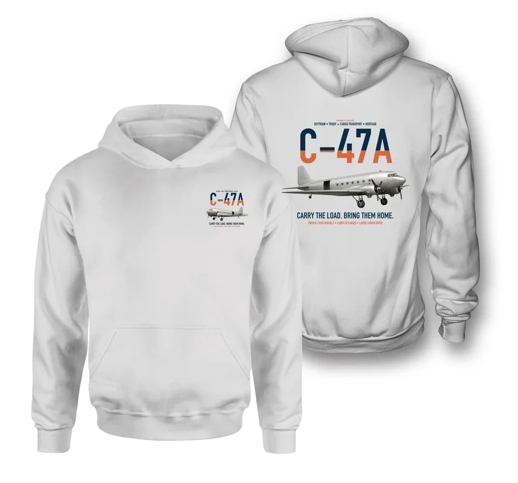 C-47A Skytrain design on white double-side hoodie, double-side print