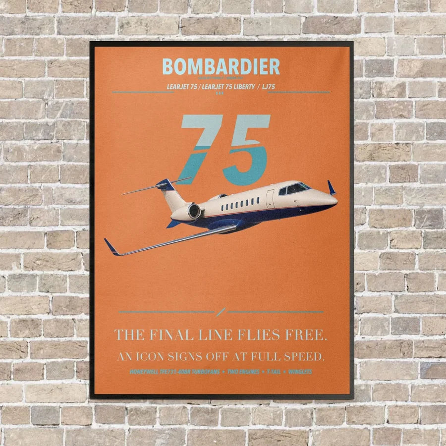 Bombardier Learjet 75 Liberty vertical canvas print - framed - orange background