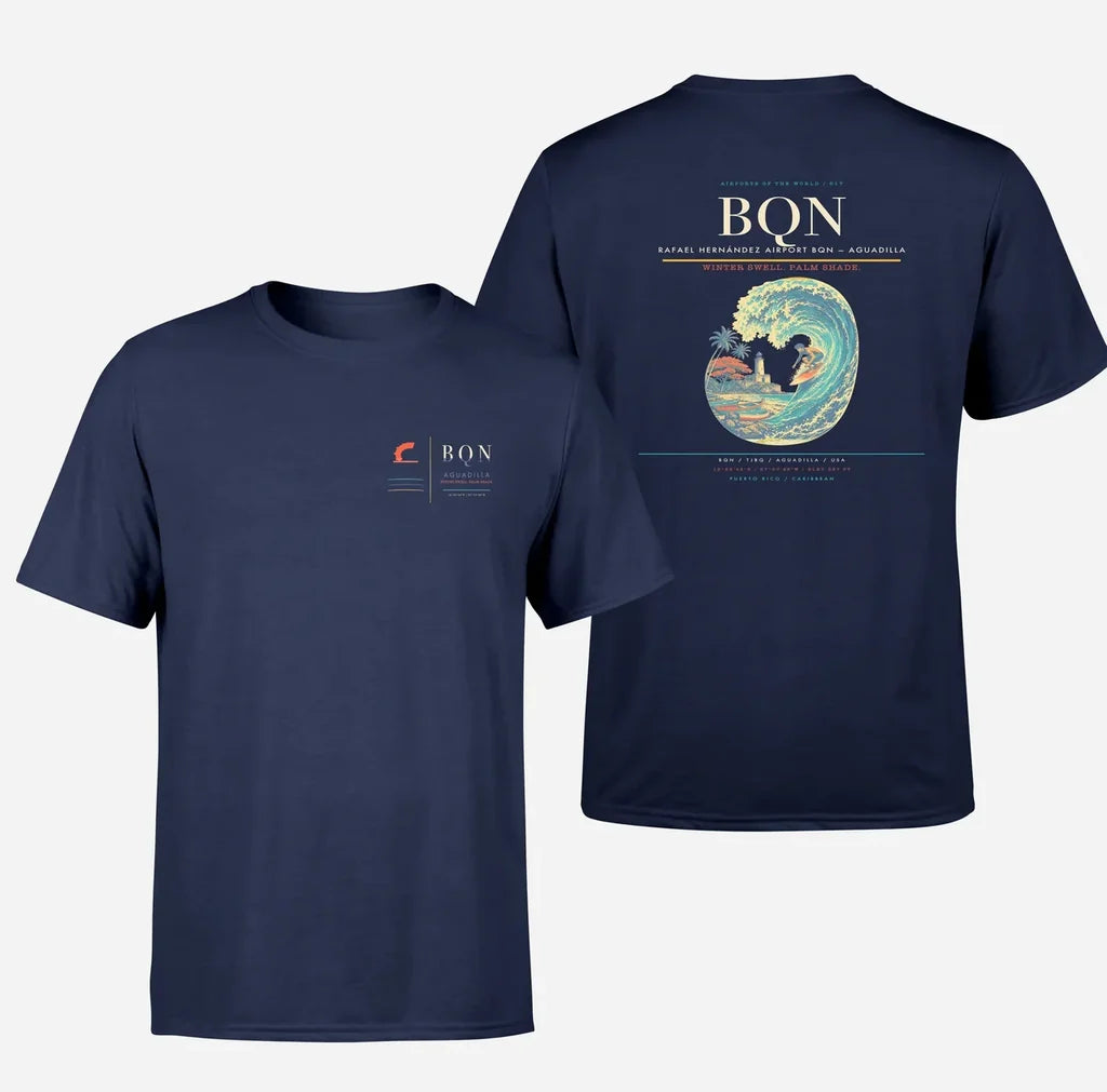 Rafael Hernández Airport (BQN) design printed on navy blue double-side t-shirt