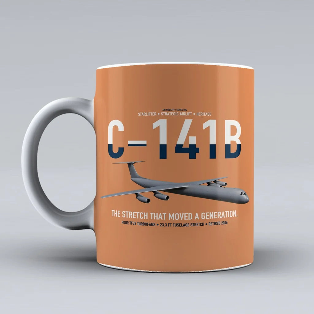 C-141B Starlifter design on orange ceramic mug, double-side print