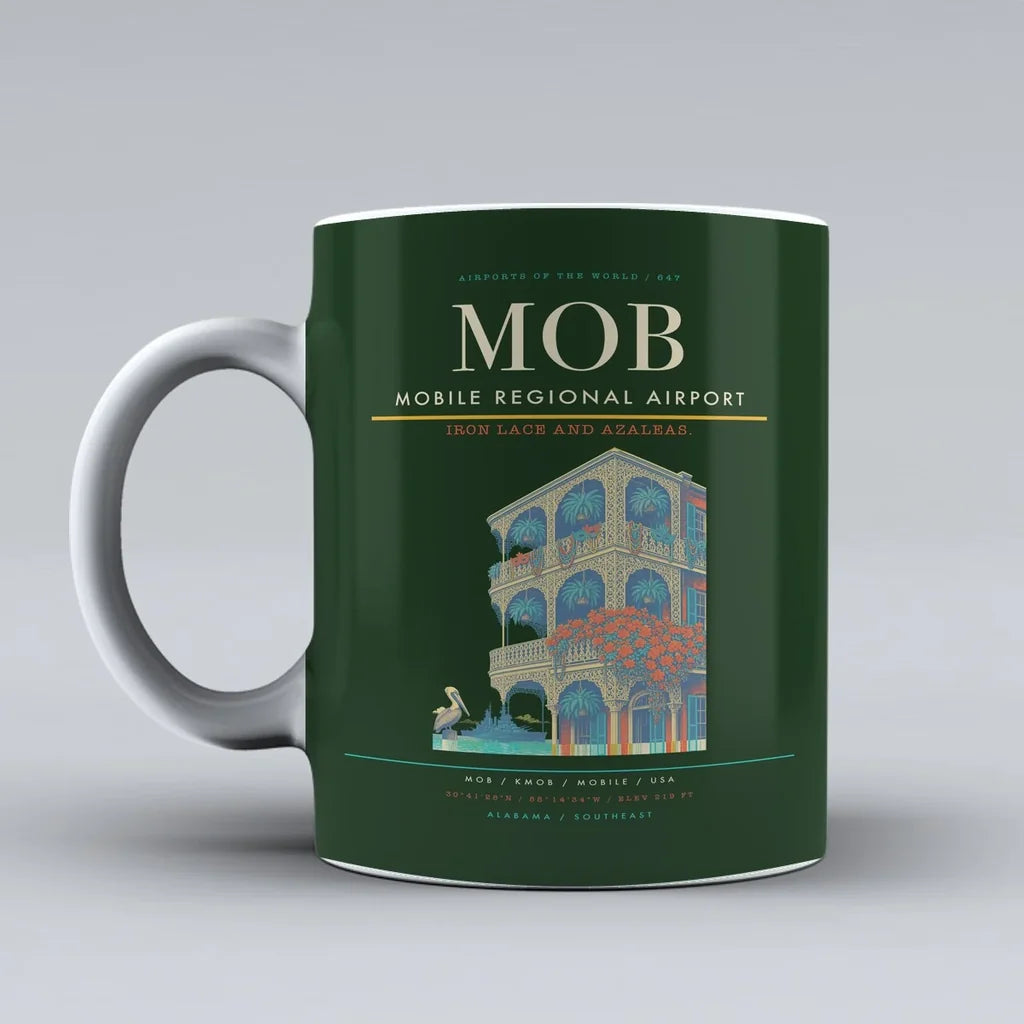 Mobile Regional Airport (MOB) airport code design on dark green ceramic mug