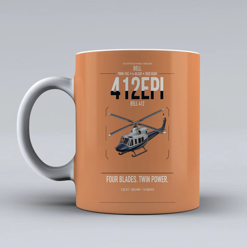 Bell 412EPI design on orange ceramic mug, double-side print
