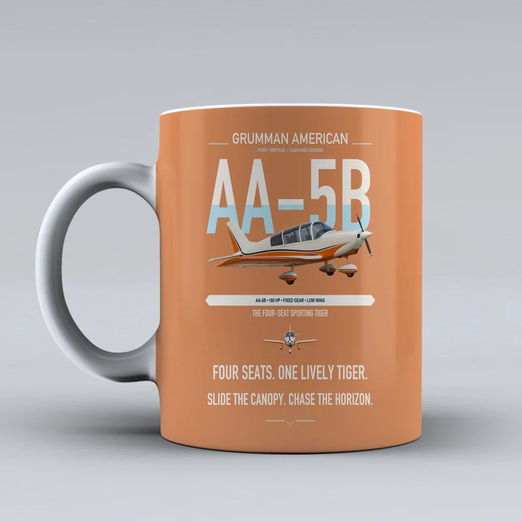 Grumman American AA-5B Tiger design on orange ceramic mug, double-side print