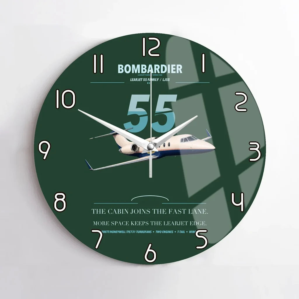 Bombardier Learjet 55 design on dark green no frame wall clock