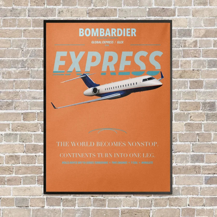Bombardier Global Express vertical canvas print - framed - orange background