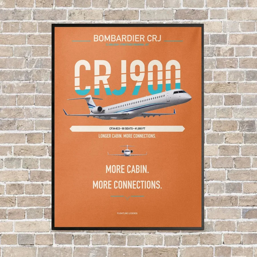 Bombardier CRJ900 vertical canvas print - framed - orange background