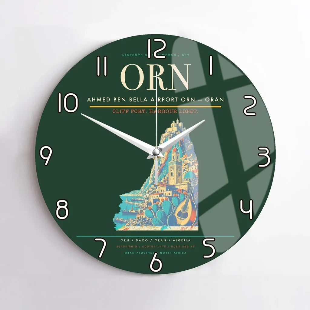 Ahmed Ben Bella Airport (ORN) design on dark green no frame wall clock