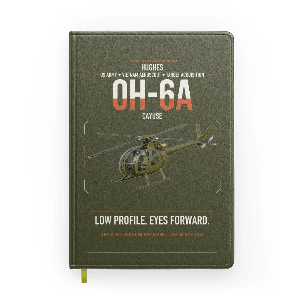 Hughes OH-6A Cayuse design on green army notebook