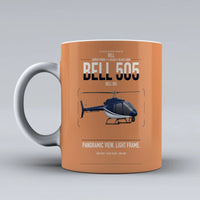 Thumbnail for Bell 505 design on orange ceramic mug, double-side print