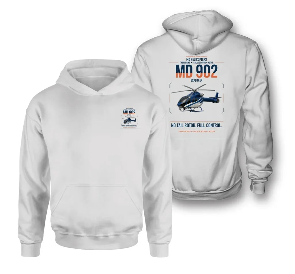 MD Helicopters MD 902 Explorer design on white double-side hoodie, double-side print