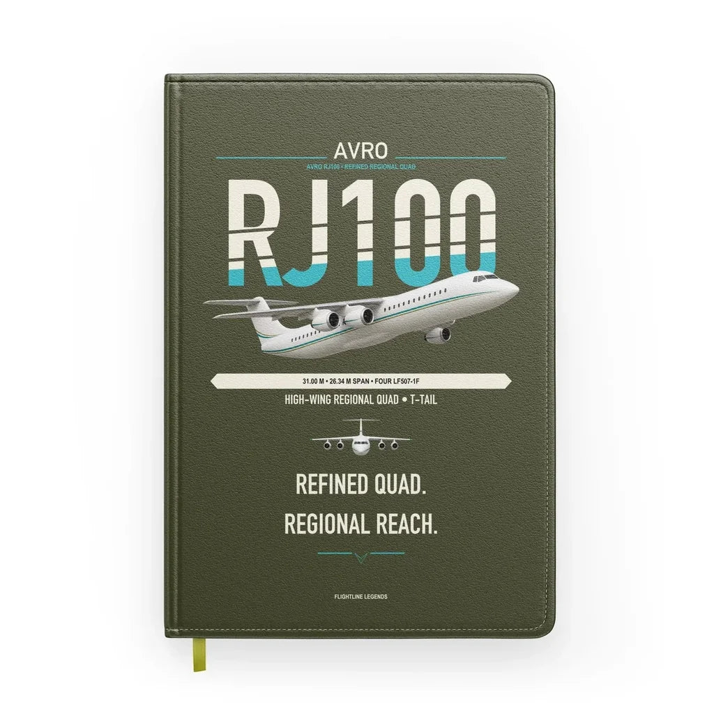 Avro RJ100 design on green army notebook