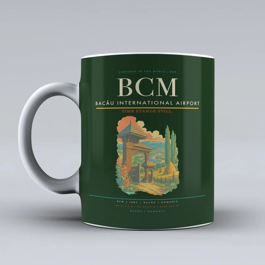 Bacău International Airport (BCM) airport code design on dark green ceramic mug