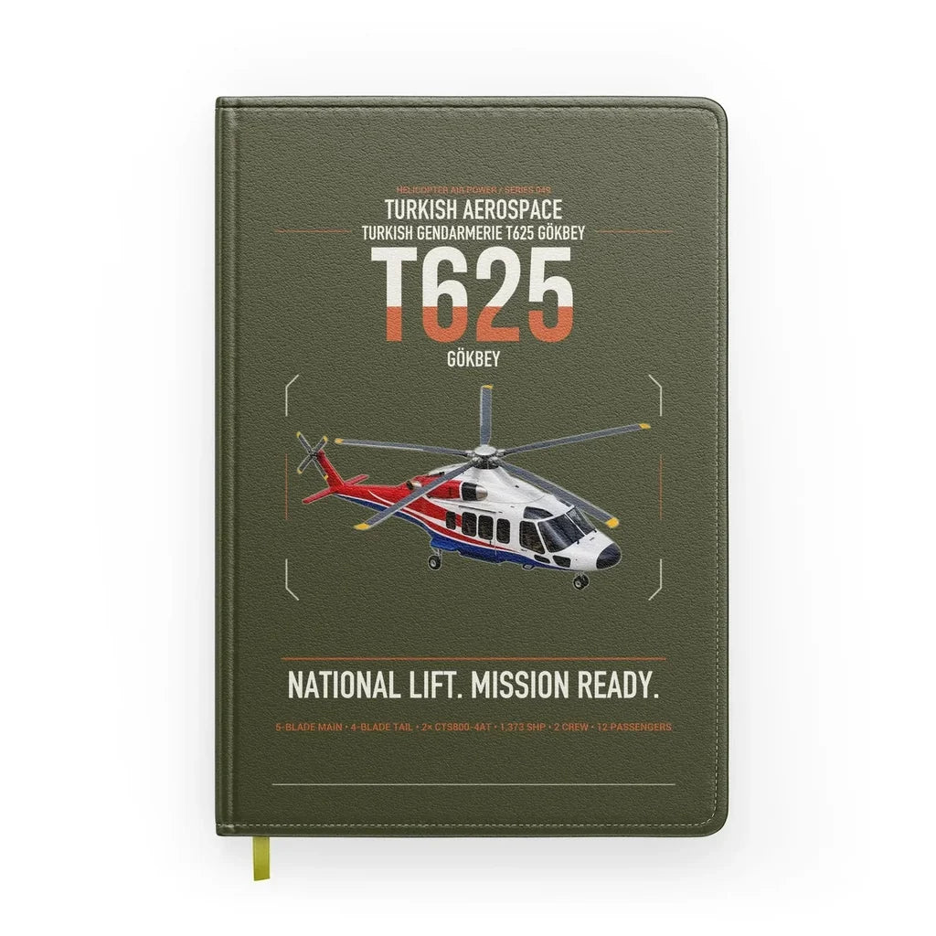 Turkish Aerospace T625 Gökbey design on green army notebook
