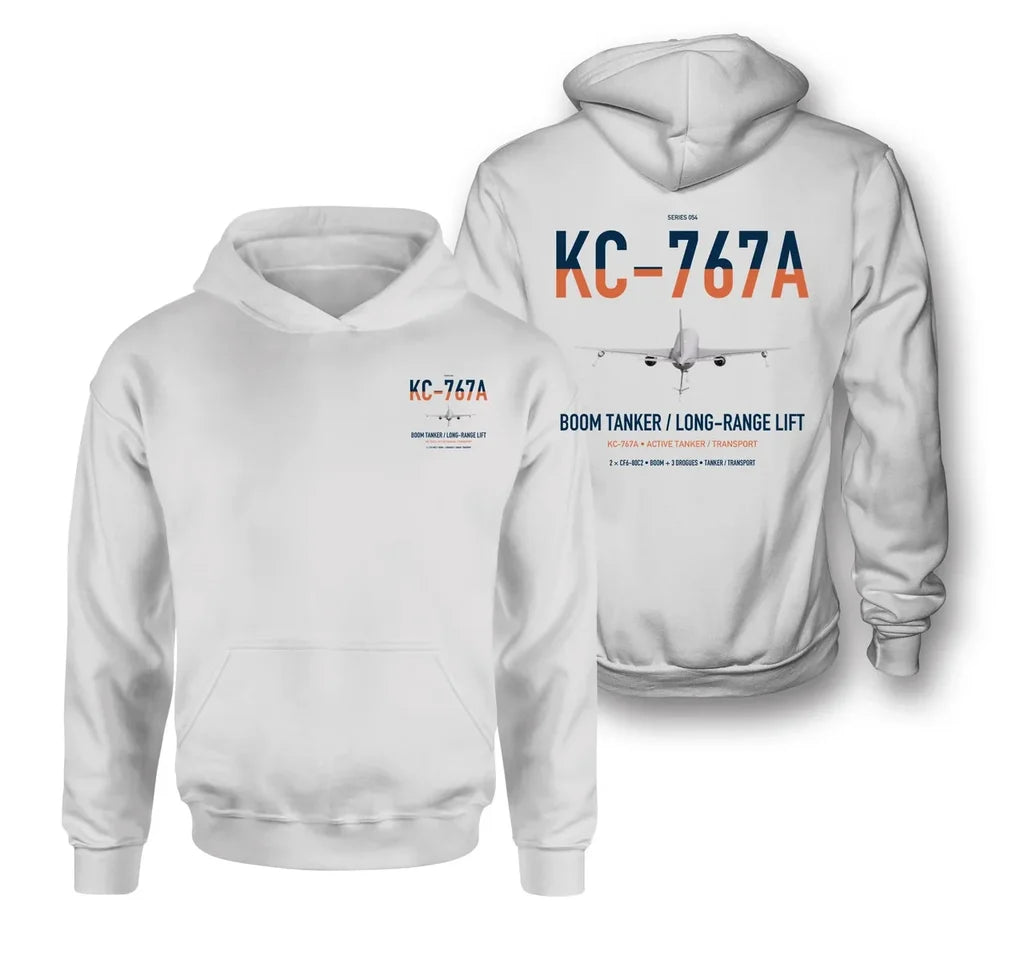 Boeing KC-767A design on white double-side hoodie, double-side print