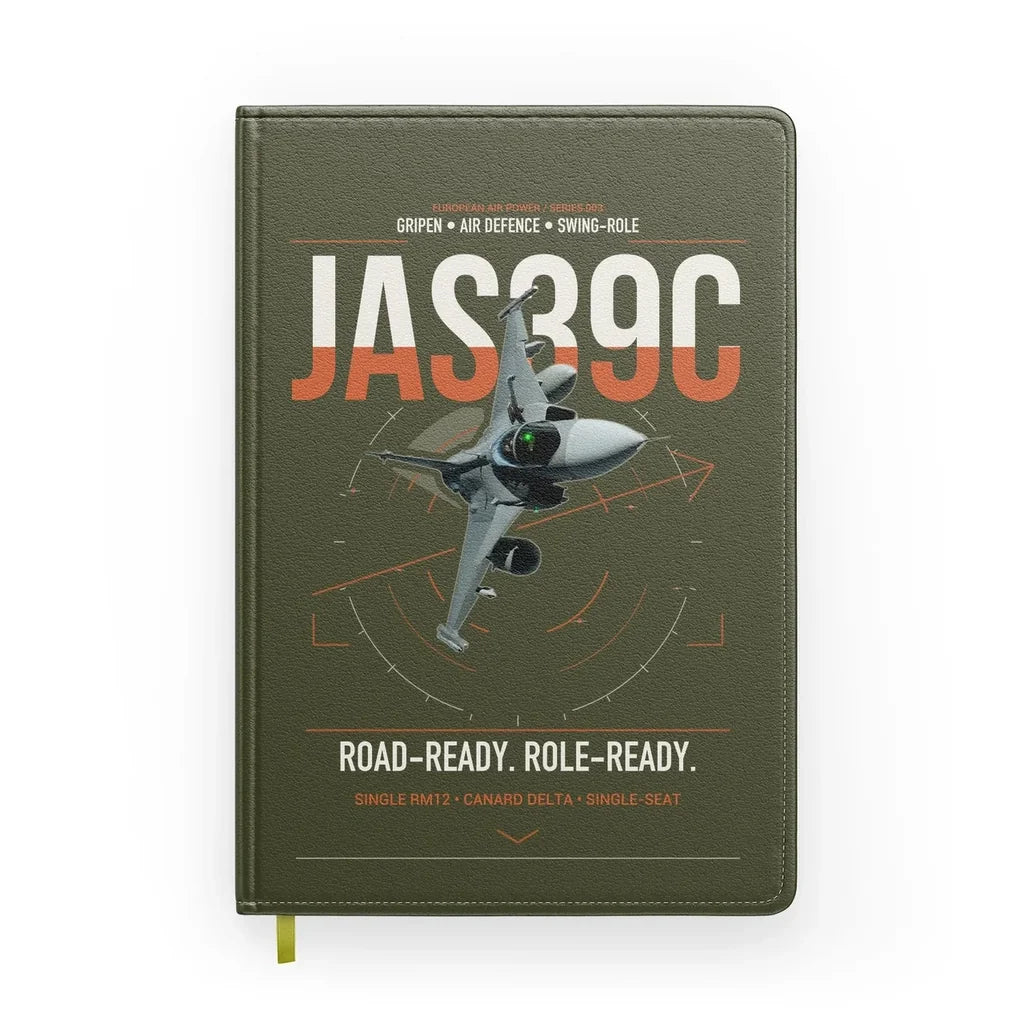 Saab JAS 39C Gripen design on green army notebook