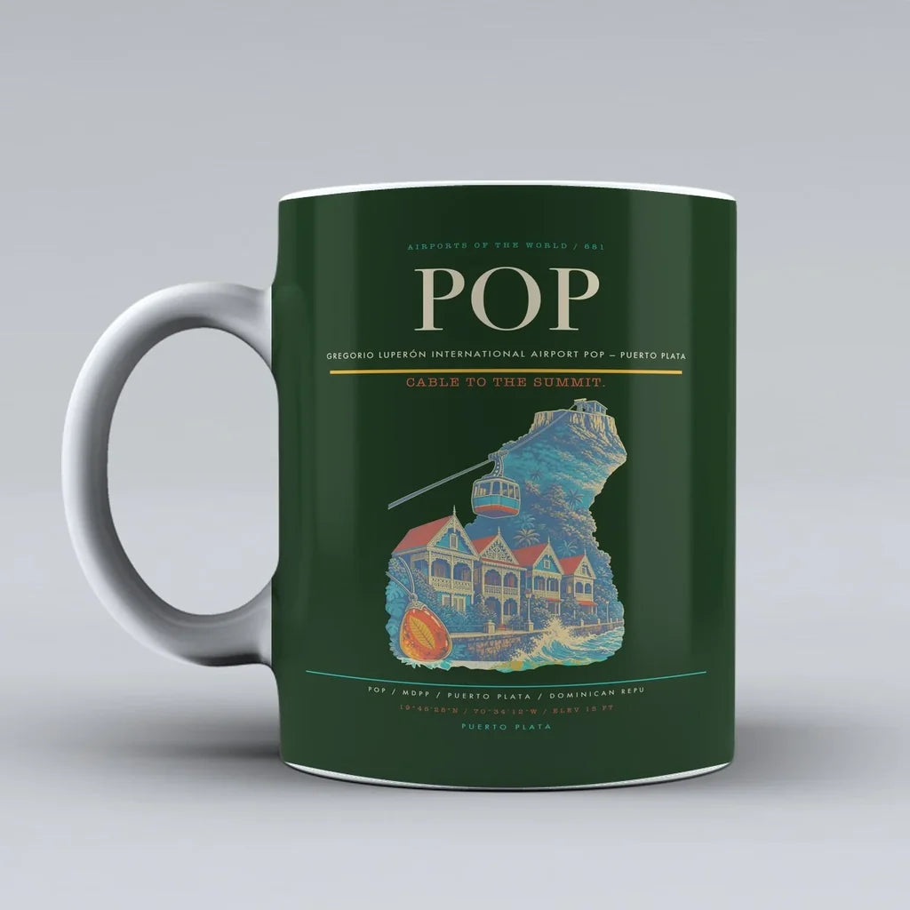 Gregorio Luperón International Airport (POP) airport code design on dark green ceramic mug