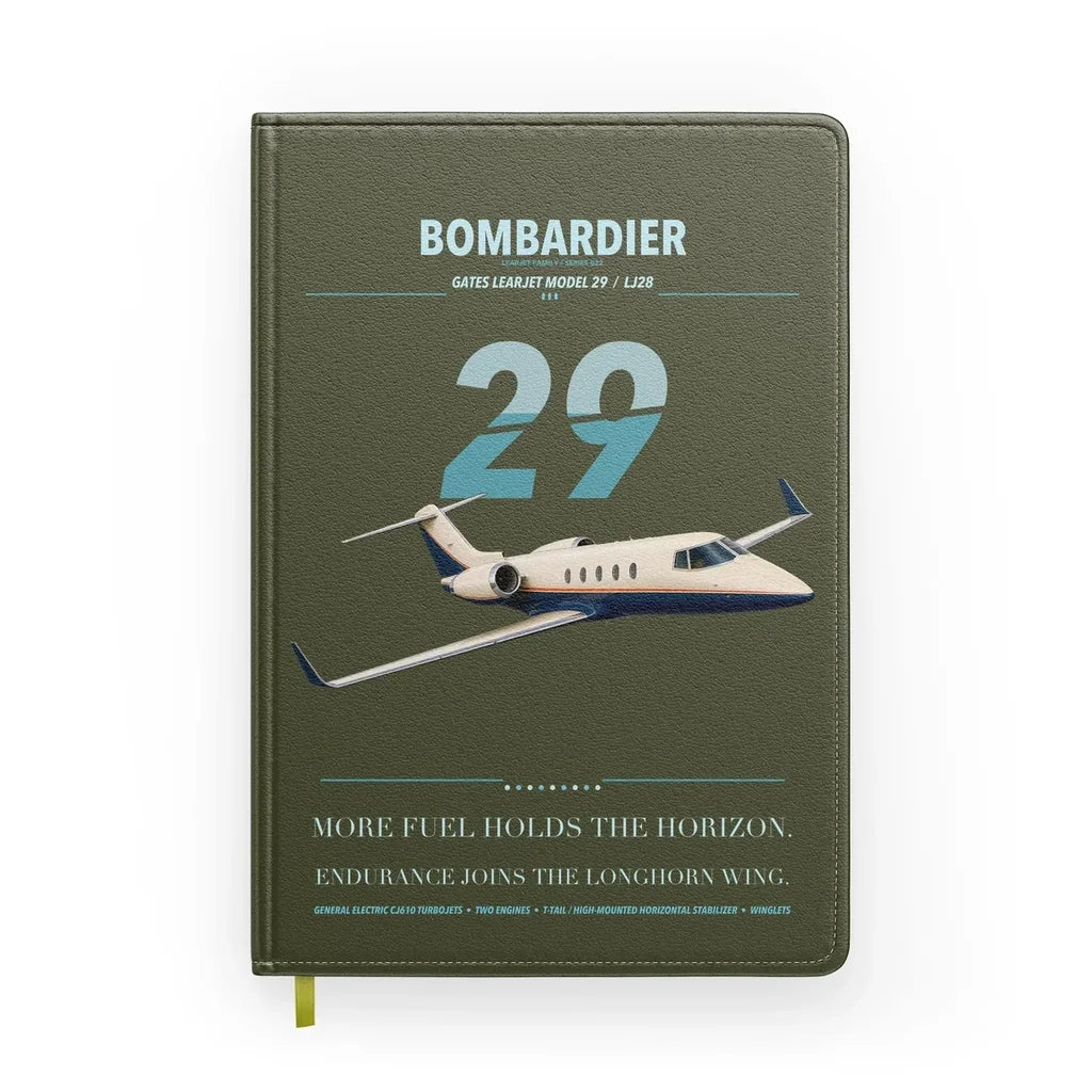 Bombardier Learjet 29 design on green army notebook