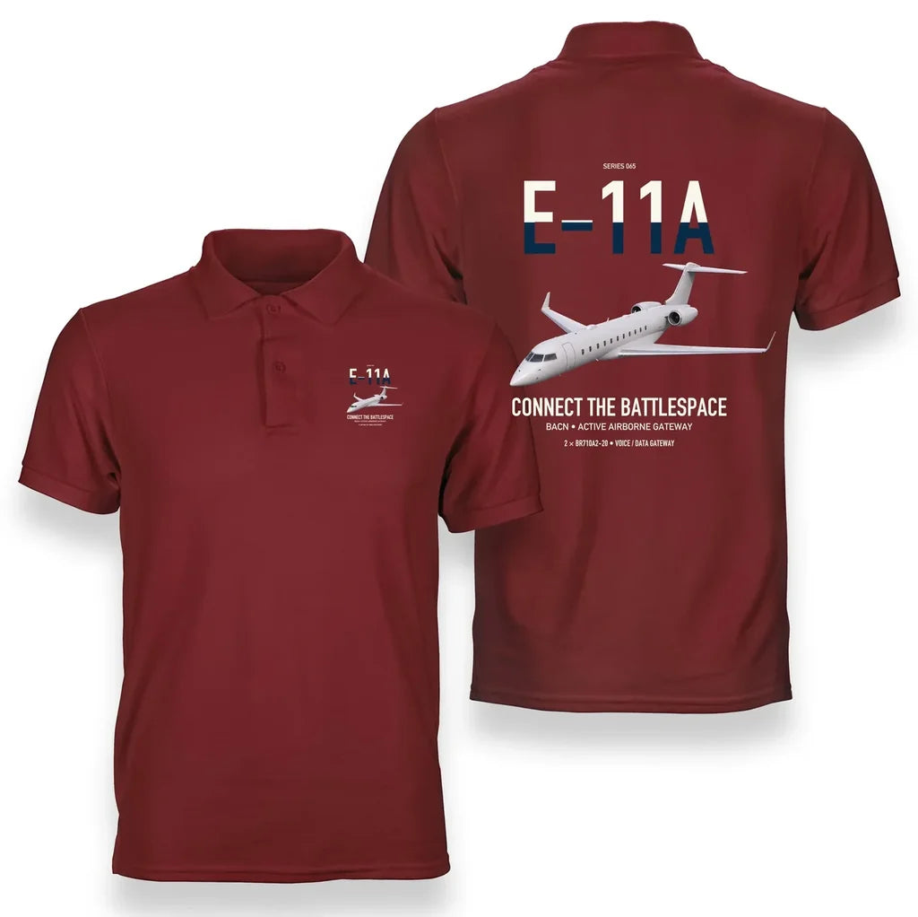 E-11A BACN design on red double-side polo t-shirt, double-side print