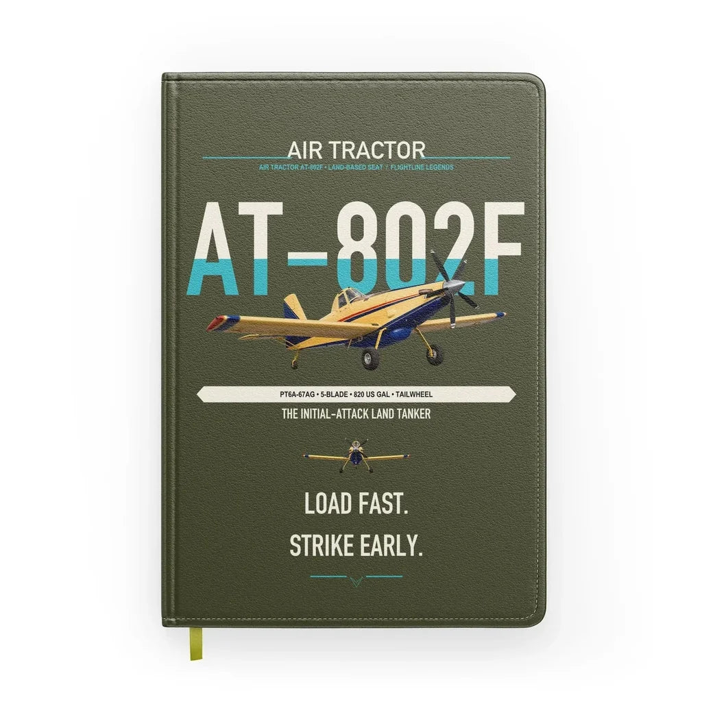 Air Tractor AT-802F design on green army notebook