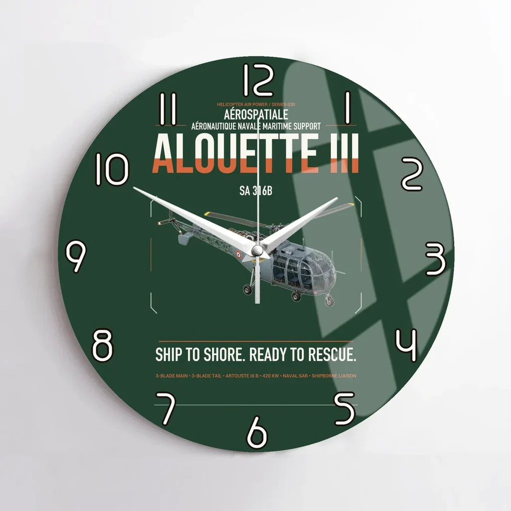 Aérospatiale SA 316B Alouette III design on dark green no frame wall clock