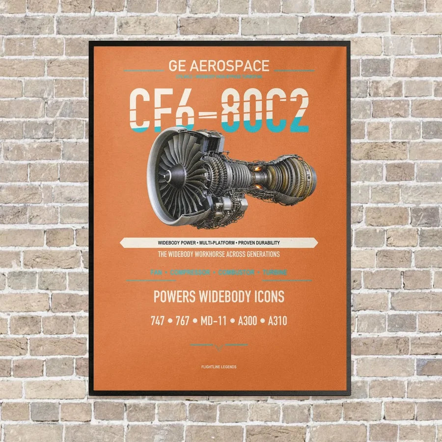 CF6-80C2 vertical canvas print - framed - orange background