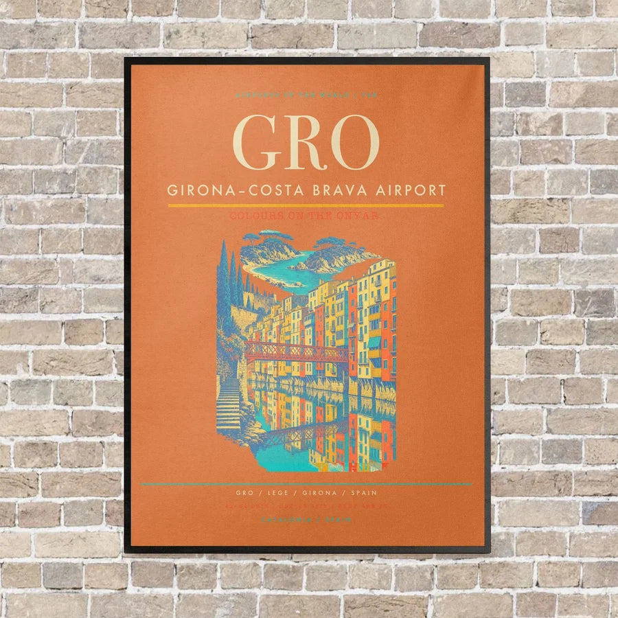 Girona–Costa Brava Airport GRO vertical canvas print - framed - orange background