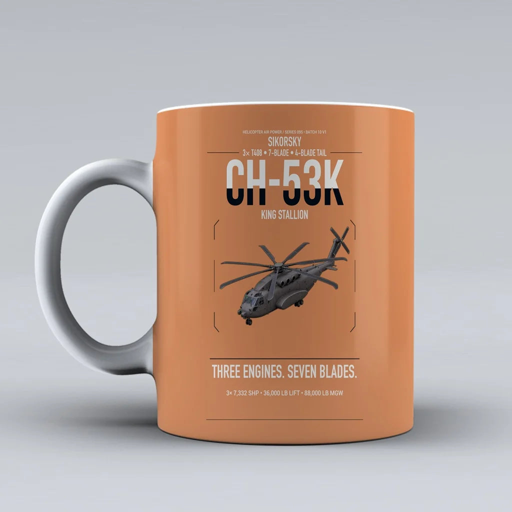 Sikorsky CH-53K King Stallion design on orange ceramic mug, double-side print