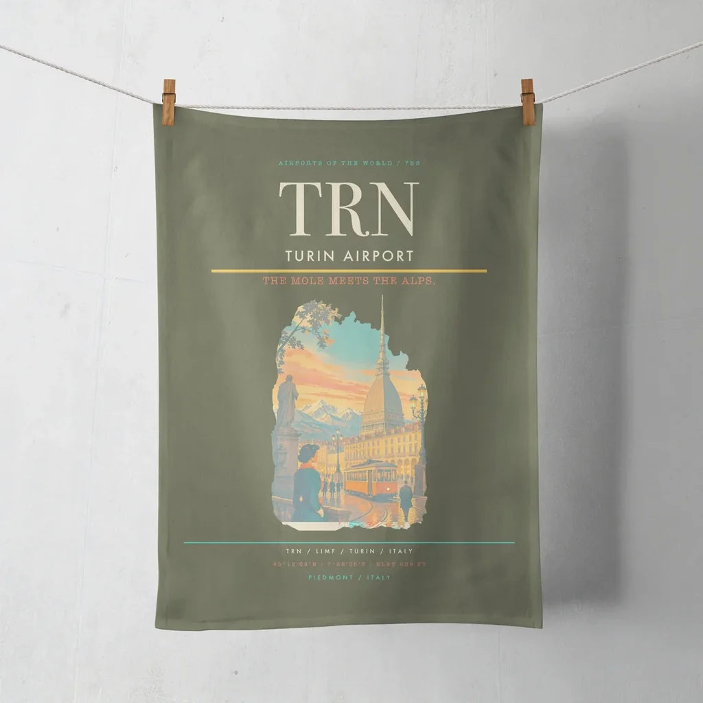 Turin Airport (TRN) design on green army towel