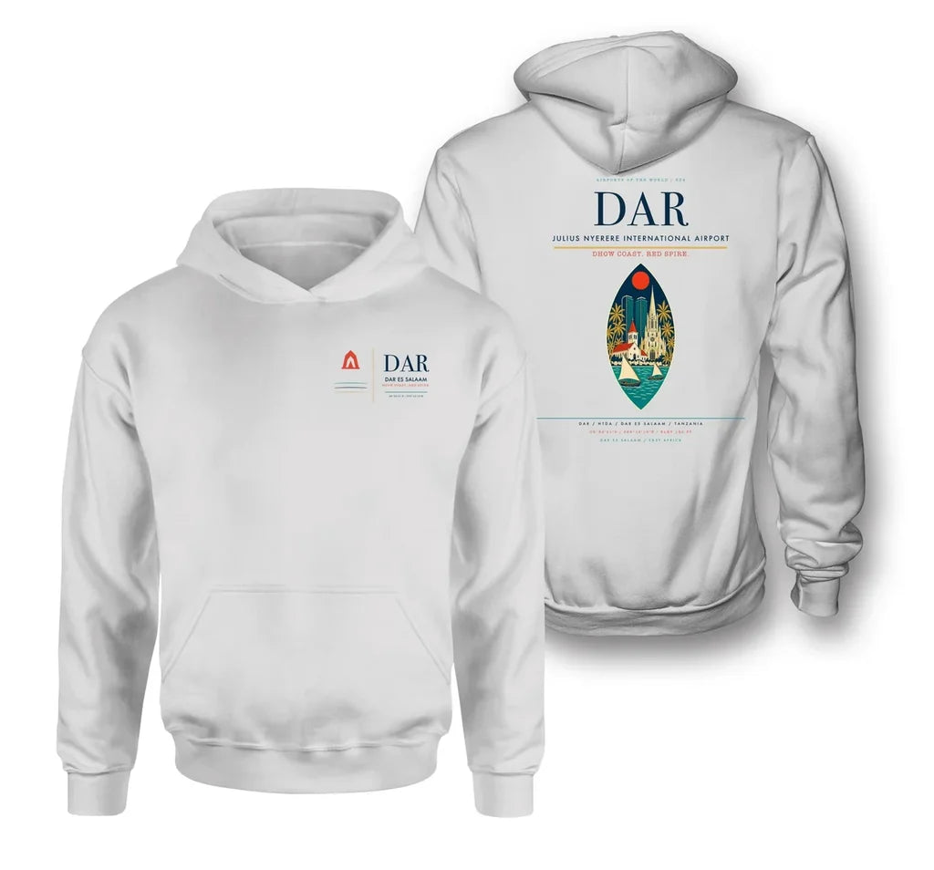 Julius Nyerere International Airport (DAR) design on white double-side hoodie
