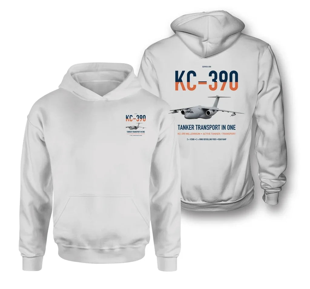 Embraer KC-390 Millennium design on white double-side hoodie, double-side print