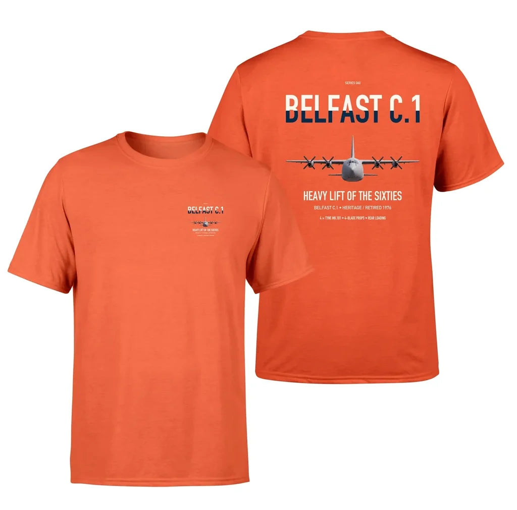 Short Belfast C.1 design on orange double-side t-shirt, double-side print