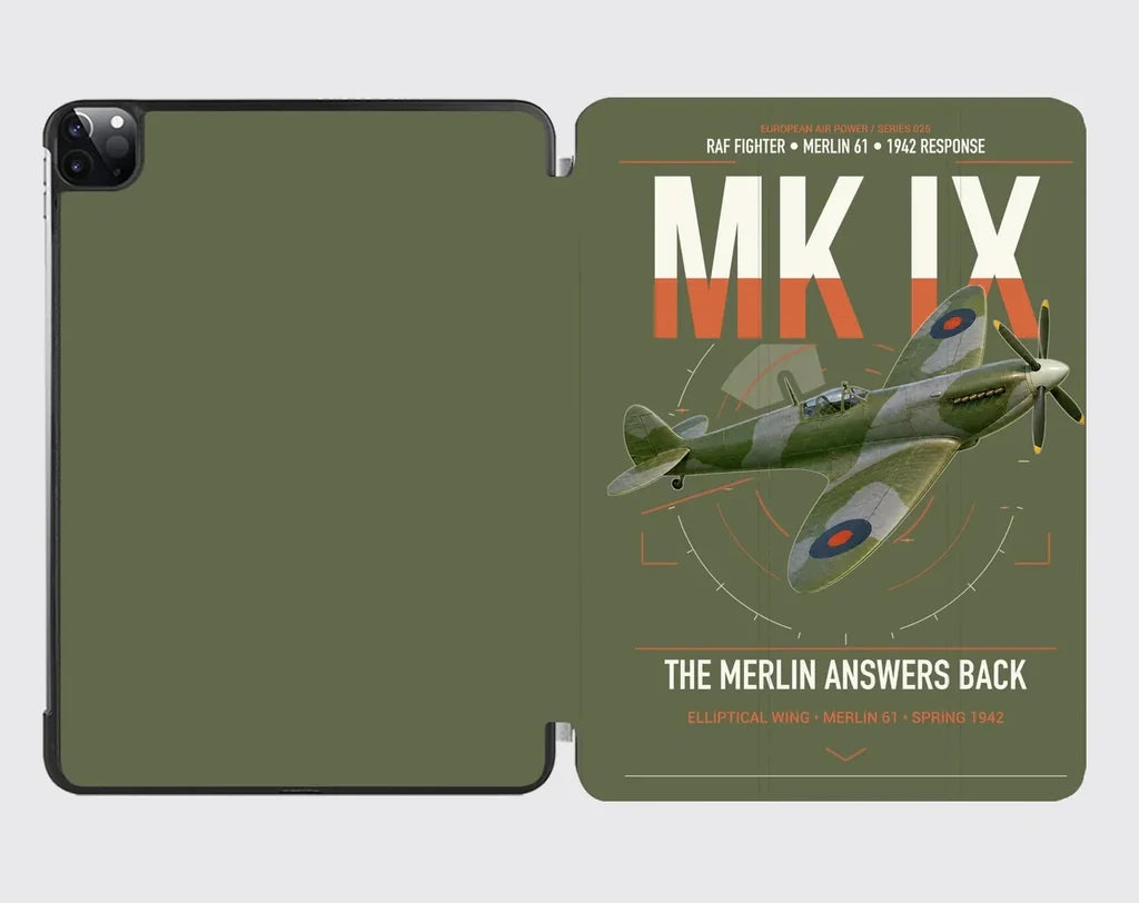 Supermarine Spitfire Mk IX design on green army ipad tablet case