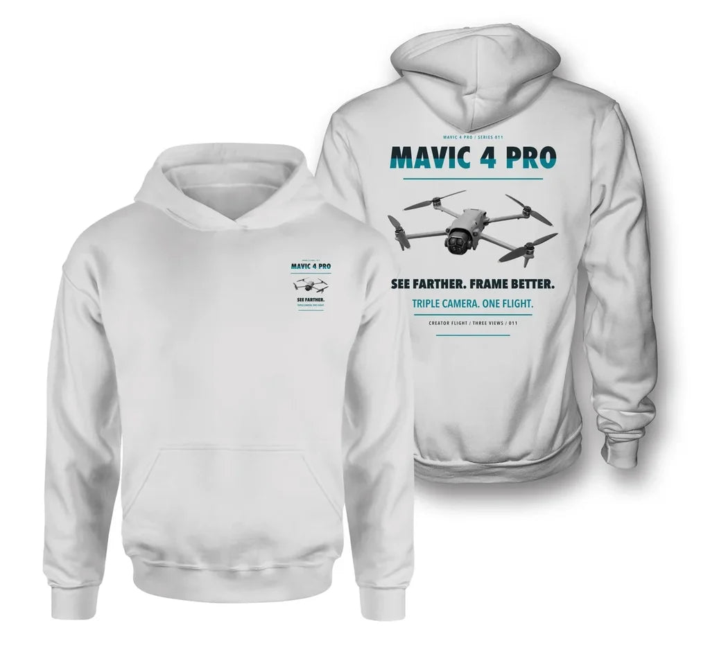 DJI Mavic 4 Pro design on white hoodie