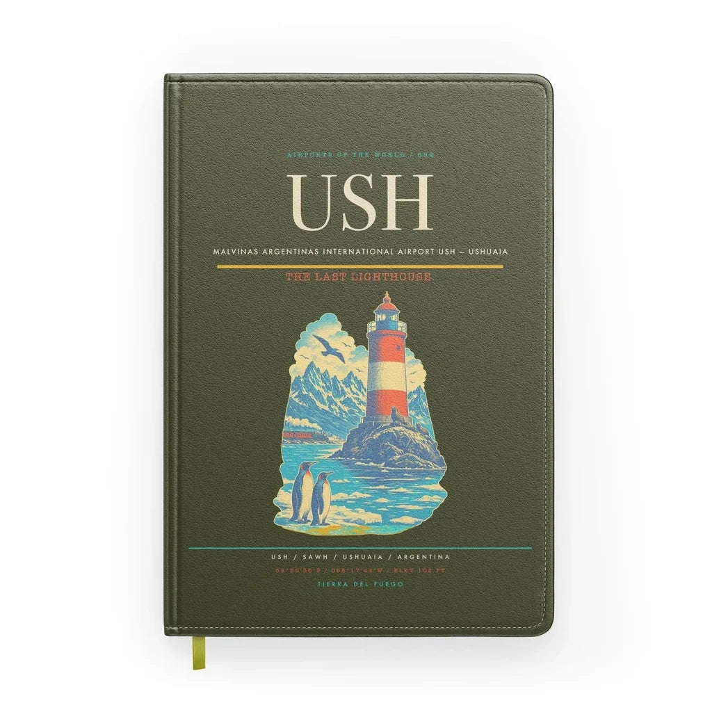 Malvinas Argentinas International Airport (USH) design on green army notebook