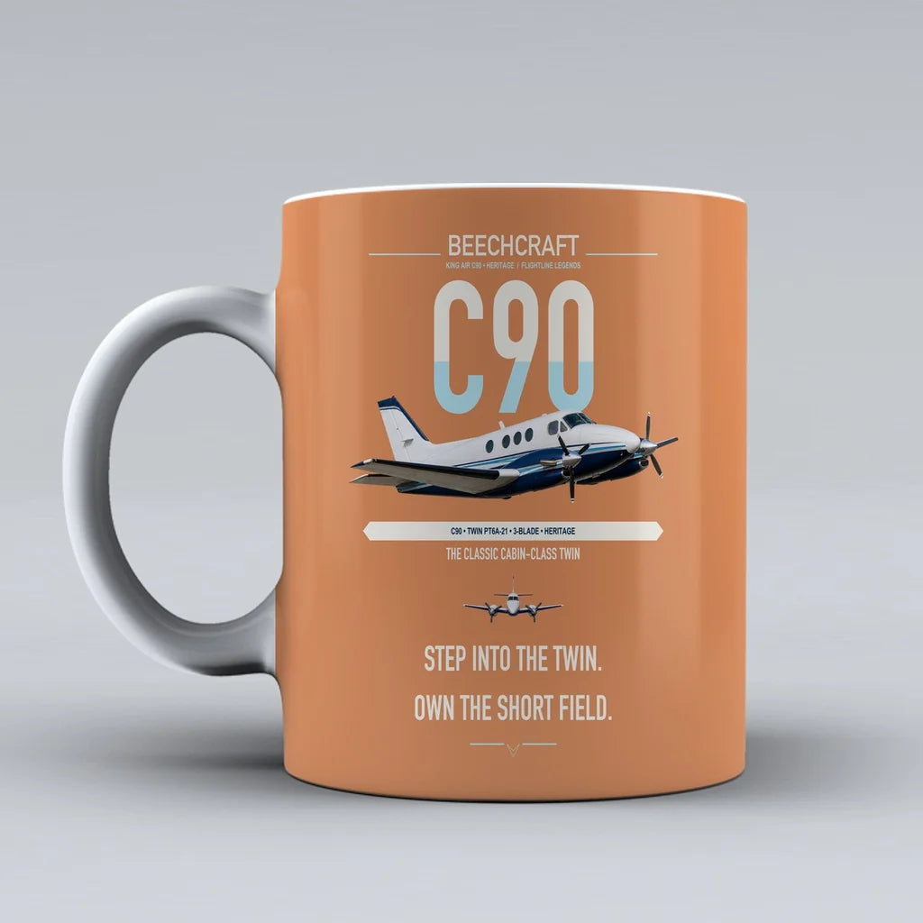 Beechcraft King Air C90 design on orange ceramic mug, double-side print