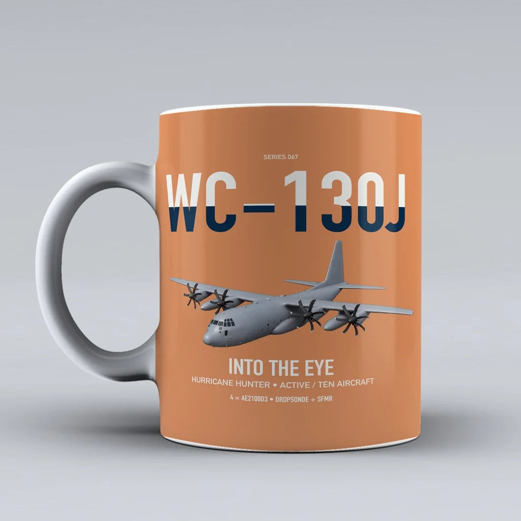 WC-130J Hurricane Hunter design on orange ceramic mug, double-side print
