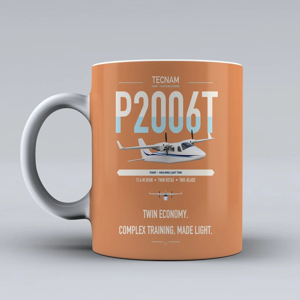 Tecnam P2006T design on orange ceramic mug, double-side print