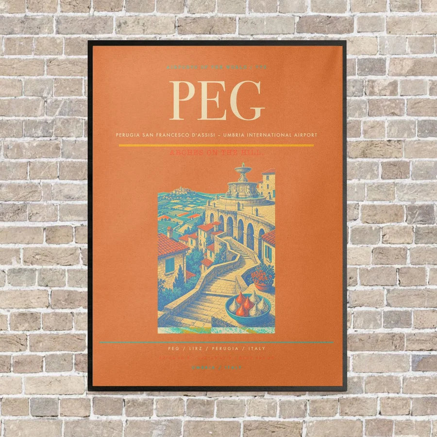 Perugia San Francesco d'Assisi – Umbria International Airport PEG vertical canvas print - framed - orange background