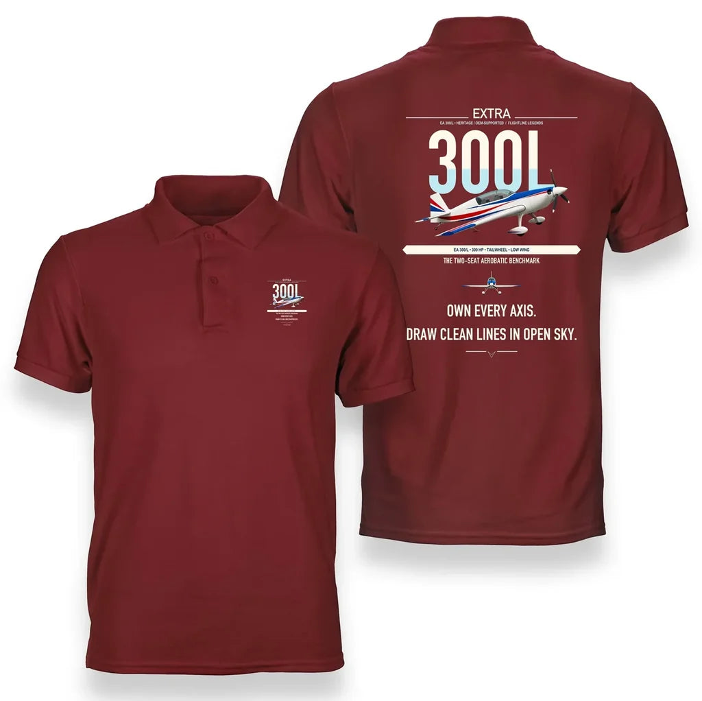Extra 300L design on red double-side polo t-shirt, double-side print