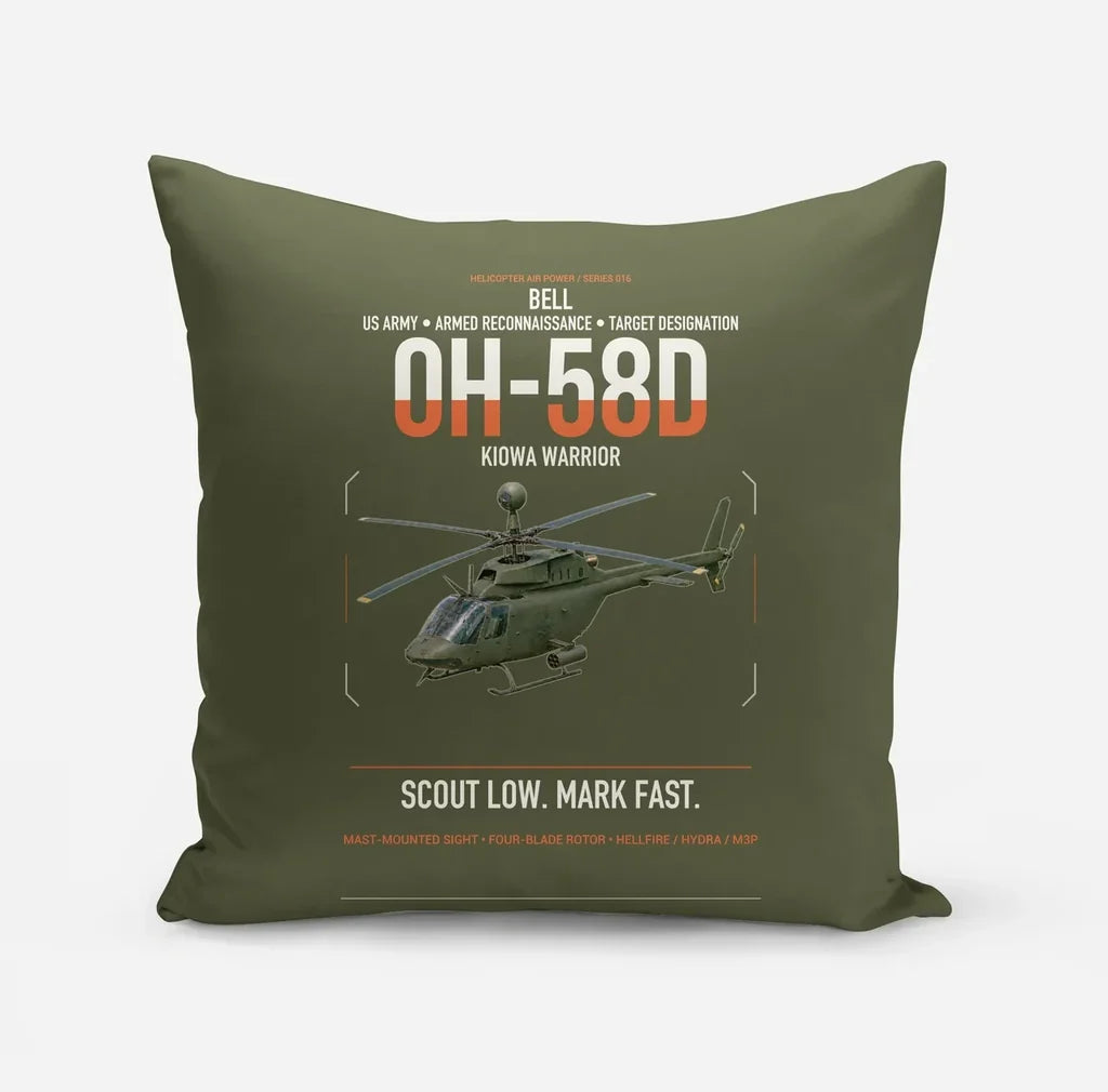 Bell OH-58D Kiowa Warrior design on green army pillow