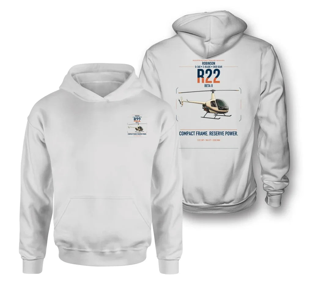 Robinson R22 Beta II design on white double-side hoodie, double-side print