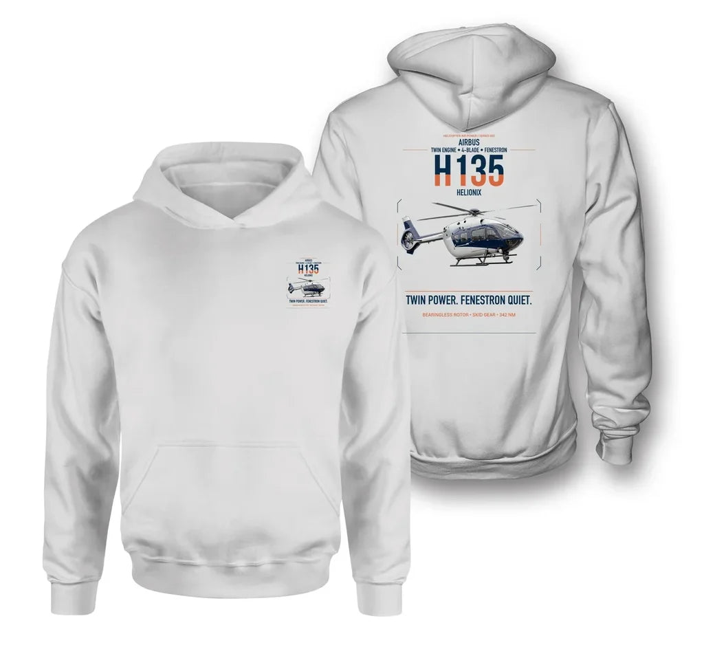 Airbus H135 design on white double-side hoodie, double-side print