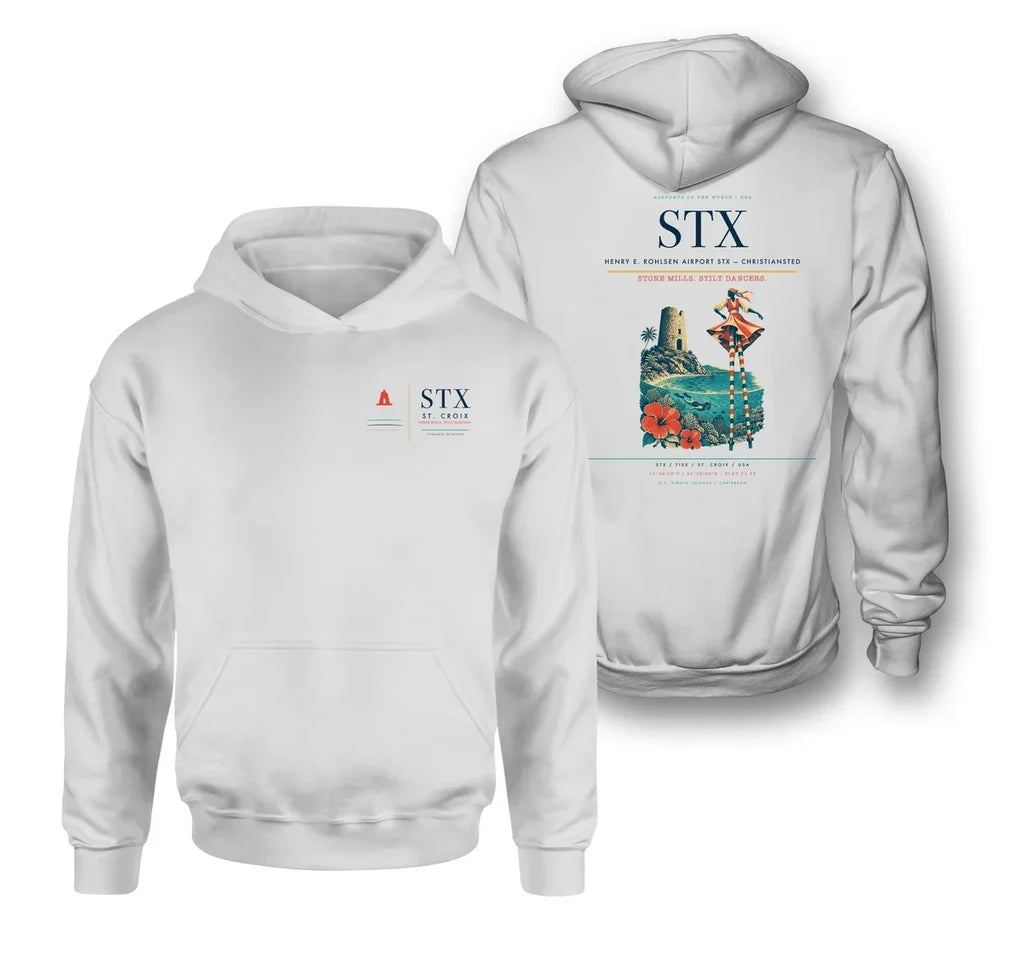 Henry E. Rohlsen Airport (STX) design on white double-side hoodie
